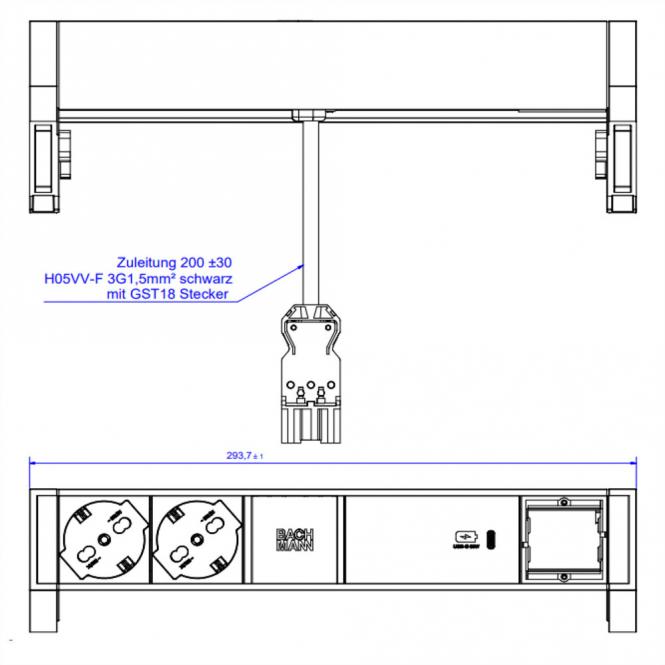 DESK2 ALU BLACK 2xP40 1xCM, 1xUSBC 60W 0,2m GST18 Italien 