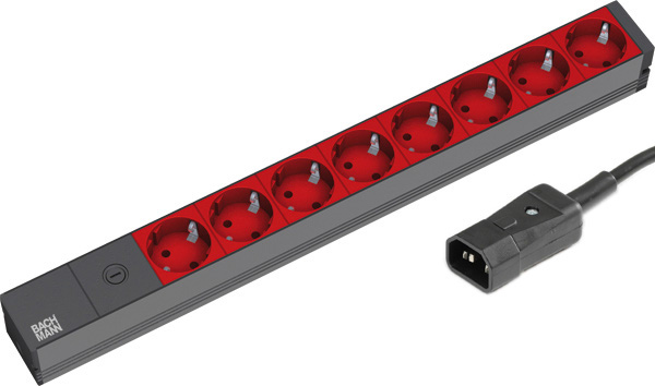 Bâti de prises avec fiche IEC-320-C14, octuple Schuko, 2.300W noir