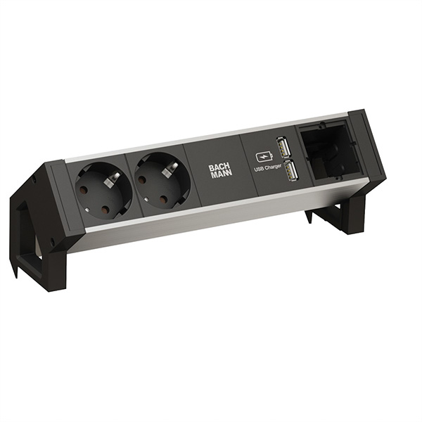 DESK2 ALU BLACK, 2x Schutzkontakt, 1x USB-Charger, 1x ABD, GST18 