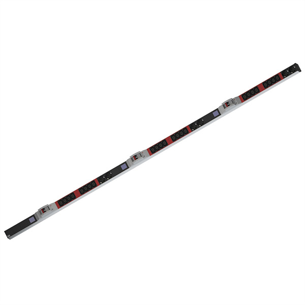 19-Zoll PDU, 1HE, 24x C13, 6x Schuko, Leistungsmessung, Anschluß 3x CEE 32A, rot 