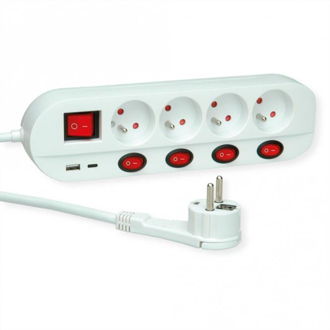 4-fach Steckdosenleiste mit Schalter, UTE Version, USB-Charger A+C, 3m 