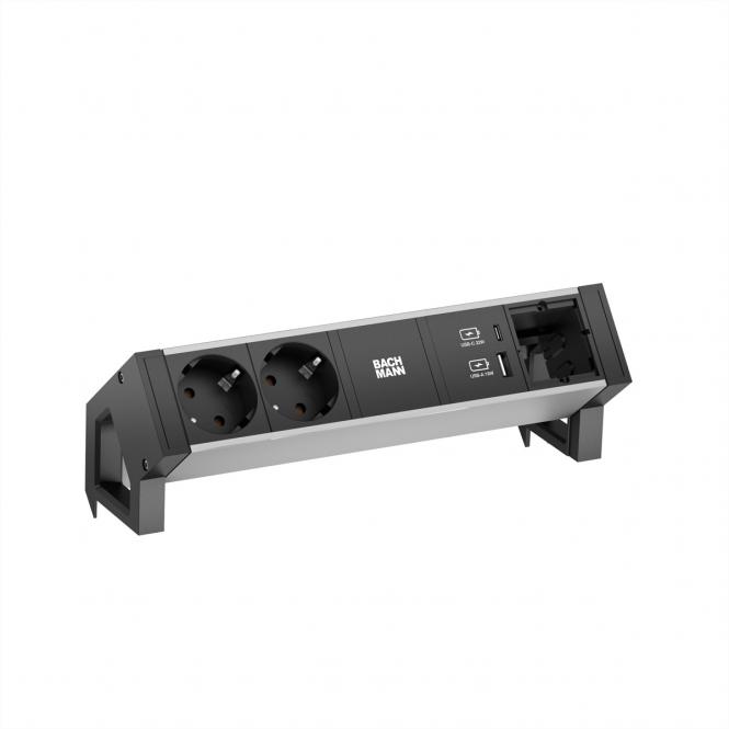 DESK2 ALU BLACK 2xSchutzkt.USB, USB Charger 22W A&C 1xABD 0,2m GST18 