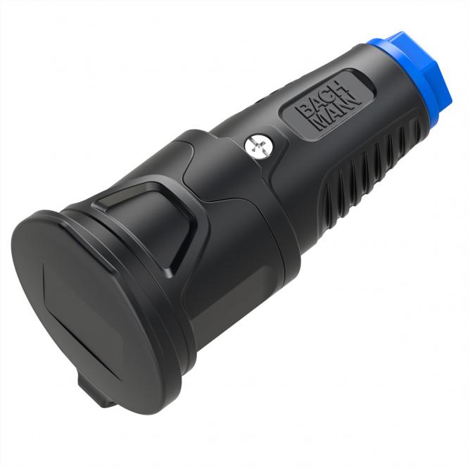 Schutzkontaktkupplung Vollgummi CEE7/3, Deckelband, IP54, schwarz/blau 