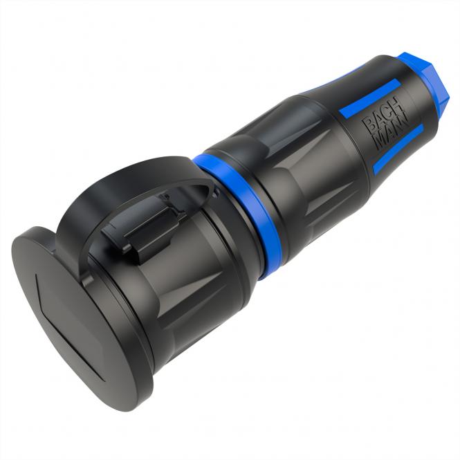 Profi-Schutzkontaktkupplung CEE7/3, Deckelband, gummiert, Power-LED, IP54, schwarz/blau 