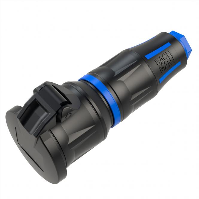 Profi-Schutzkontaktkupplung CEE7/3, mit Klappdeckel, gummiert, Power-LED, IP54, schwarz/blau 