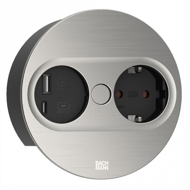 TWIST 2 1xCEE7/3 1xUSB A/C 22W 2,0m AEH Edelstahl-Optik rund 