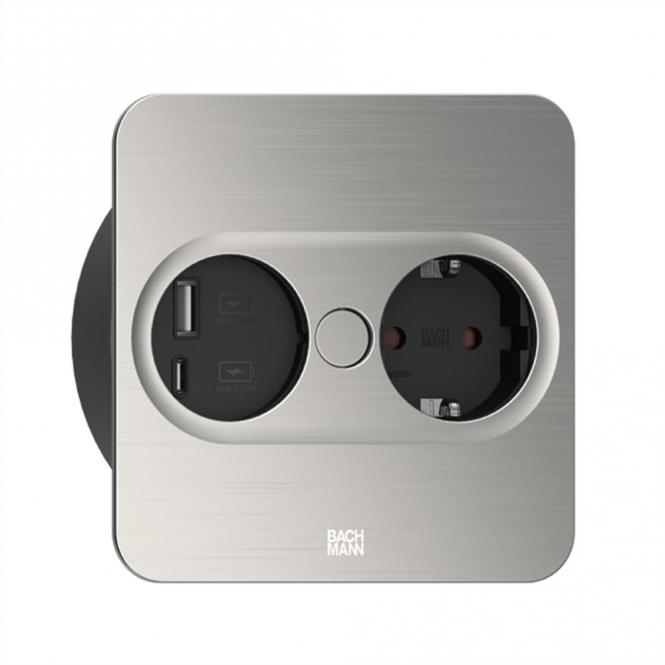 TWIST 2 1xCEE7/3 1xUSB A/C 22W 2,0m AEH Edelstahl-Optik eckig 