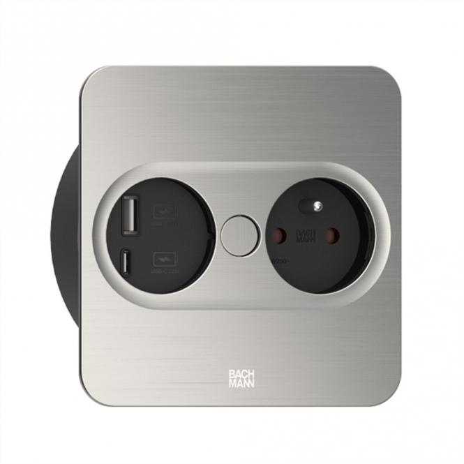 TWIST 2 1xUTE 1xUSB A/C 22W 2,0m AEH Edelstahl-Optik eckig 