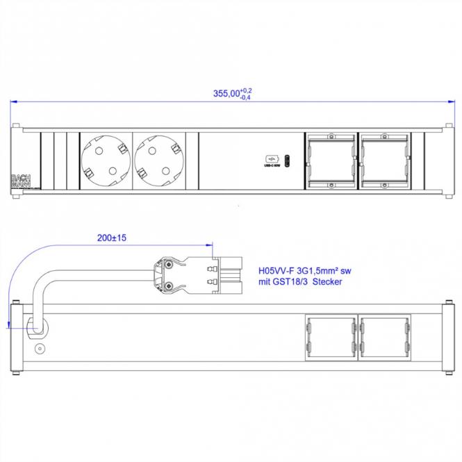 CONI 2xCEE7/3 1xUSB C 60W, fiche GST18 avec contact de protection 