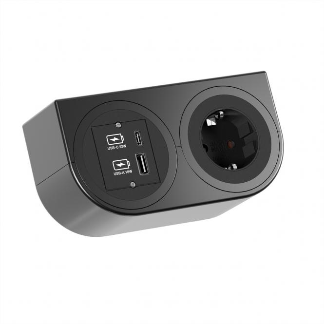 PIX HOLDER DOUBLE, 1x CEE7/3, 1x USB A/C, CEE7/7, schwarz, 2m 