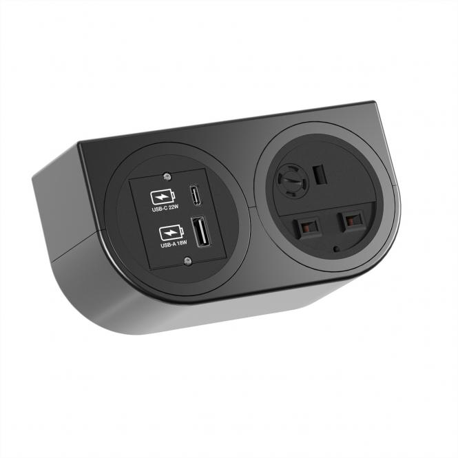 PIX HOLDER DOUBLE, 1x UK, 1x USB A/C, BS1363, schwarz, 2m 