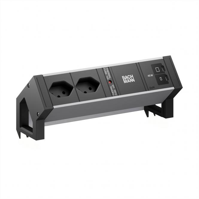 DESK2 ALU BLACK 2xCH 90°, 1xUSB-C/C45W L=0,2m 