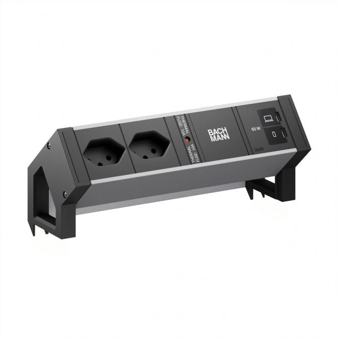 DESK2 ALU BLACK 2xCH 90°, 1xUSB C/C 65W, L = 0,2m 