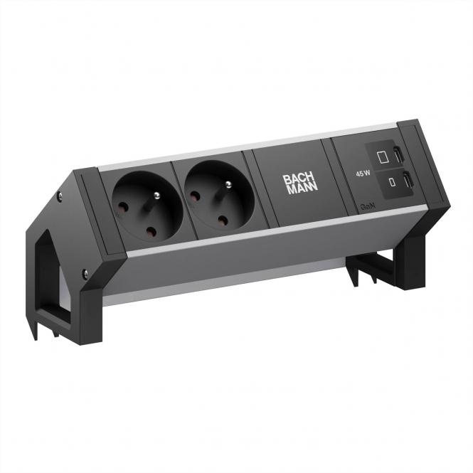 DESK2 ALU BLACK 2xUTE, 1xUSB C/C 45W L=0,2m 