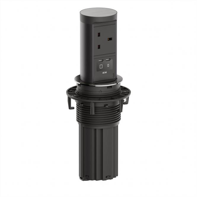 ELEVATOR2 1xUK 1xUSB, 1xUSB-C/C 45W, aspect acier inoxydable, L = 2m, UK13A 