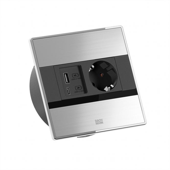 SENSE Edelstahl-Optik 1x CEE7/3, 1x USB A/C L=2,0m AEH 
