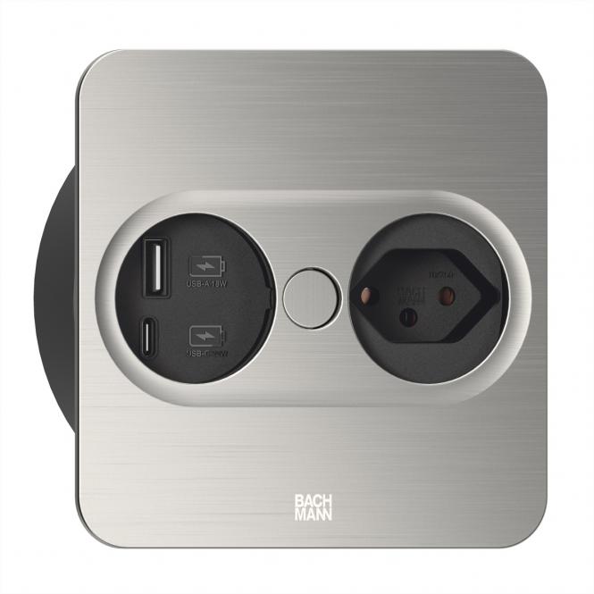 TWIST2 1xCH 1xUSB A/C 22W, L=2,0m AEH T12 Edelstahl-Optik eckig 