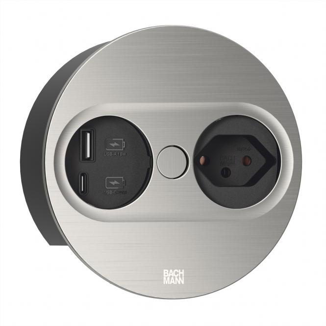 TWIST2 1xCH 1xUSB A/C 22W, L=2,0m AEH T12 Edelstahl-Optik rund 