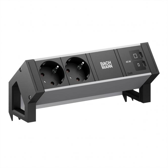 DESK2 ALU BLACK 2xCEE7/3, 1xUSB C/C 45W L=0,2m RAL9005 