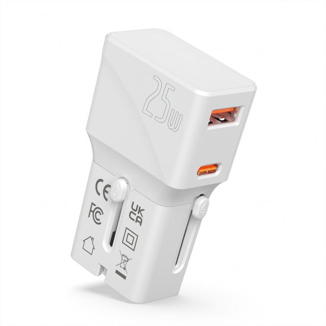 USB Reise-Charger mit Euro-Flach-/UK-/US-Stecker, 2 Port (Typ-A QC3.0, Typ-C PD), 25W 