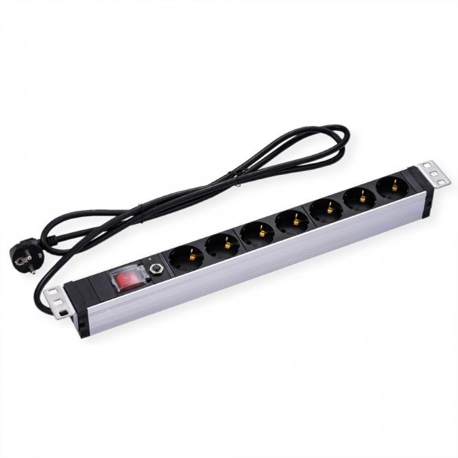 19-Zoll-Steckdosenleiste 7fach mit Überlastschutz, 1 HE, Schutzkontakt-Stecker, 3m 