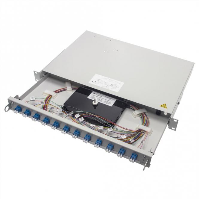 Panneau de brassage FO 19-pouces PROFI V 1U, 12xLCD turquoise+24xPigt.50 OM3, colorés 