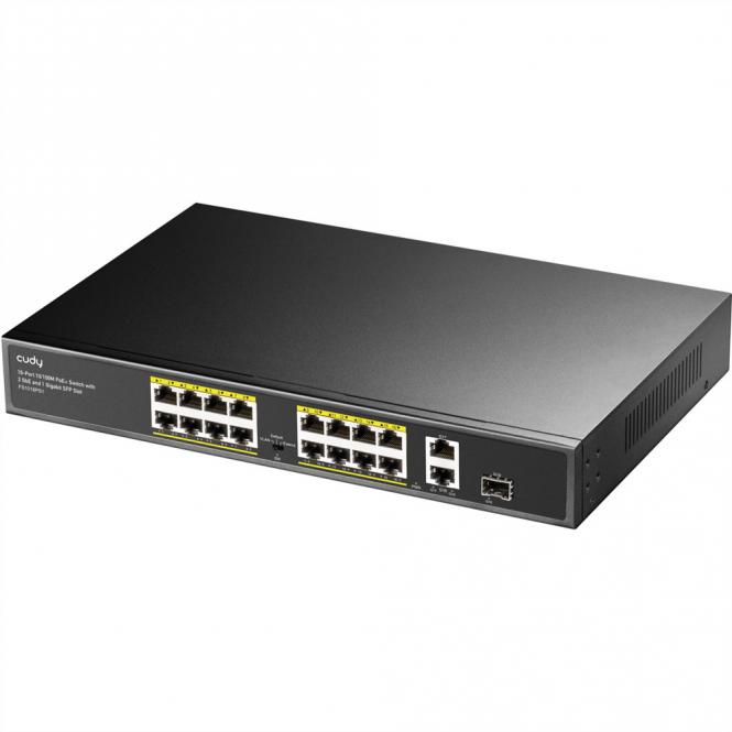 FS1018PS1 16-Port 10/100M PoE+ Switch 2 Gigabit Uplink 1 SFP Port 200W 