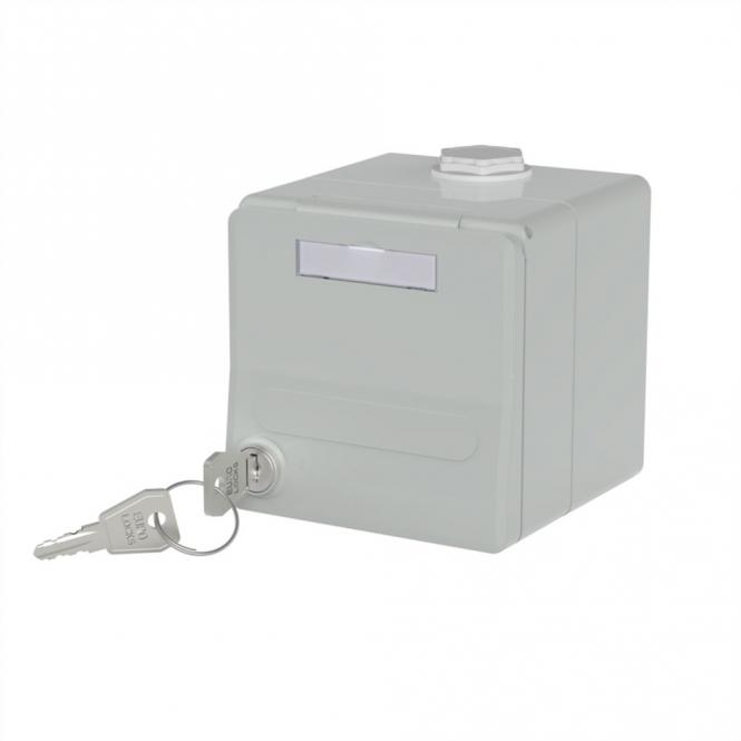 Boîtier apparent pour module IP44 , Couvercle rabattable + serrure, 2 ports non équipés , gris 