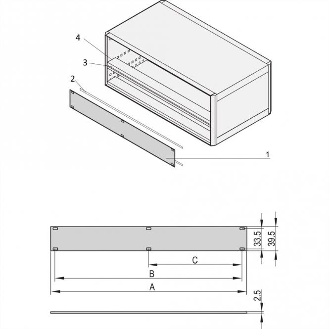 Face avant 1 U, 28 F, Montage horizontal sur rail, 2,5mm, alu, face vue anodisée, face d'appui conductrice 