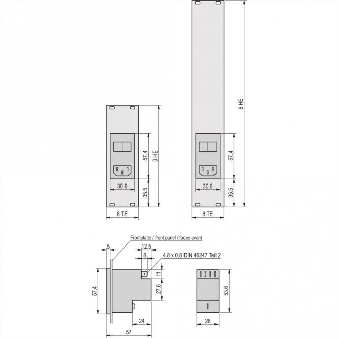 Face avant avec module d'entrée AC, 6 U, 8 CV, 2,5mm, alu, anodisé, bords non traités 