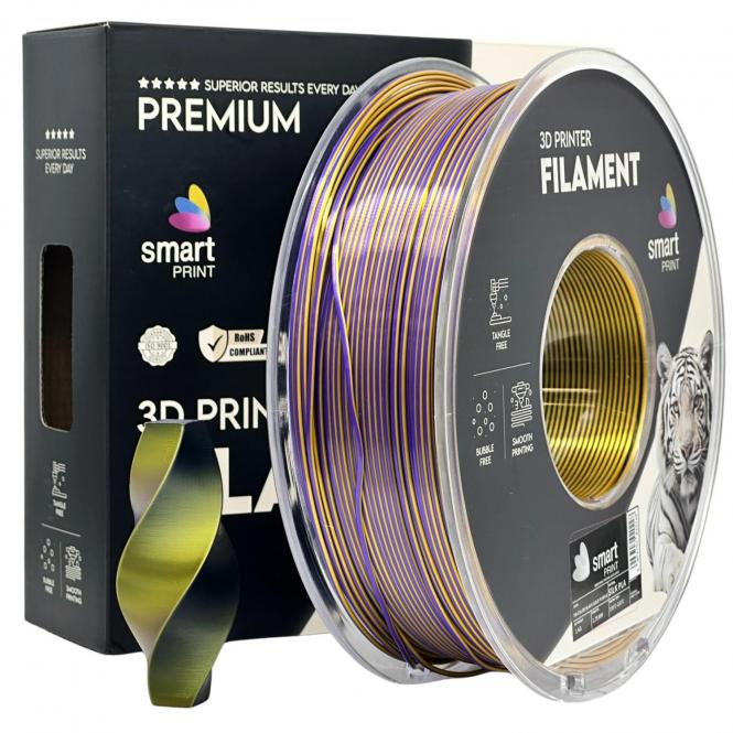 Filament PLA Silk tricolore (noir, or, violet), Smart Print, noir 6 C, 116 C, 2592 C 