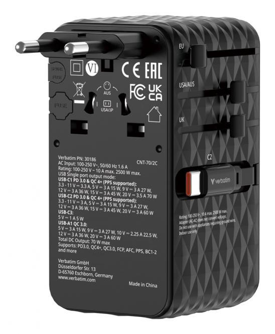Adaptateur de voyage universel rétractable Charge n Travel 70W 2C, noir 