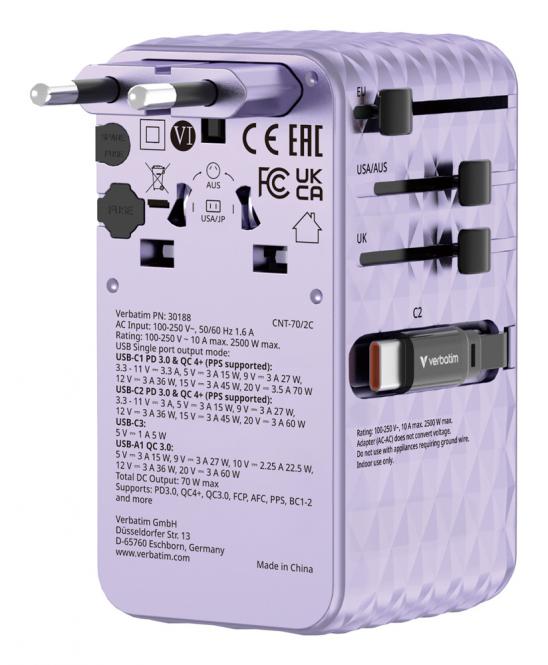 Adaptateur de voyage universel rétractable Charge n Travel 70W 2C, violet 