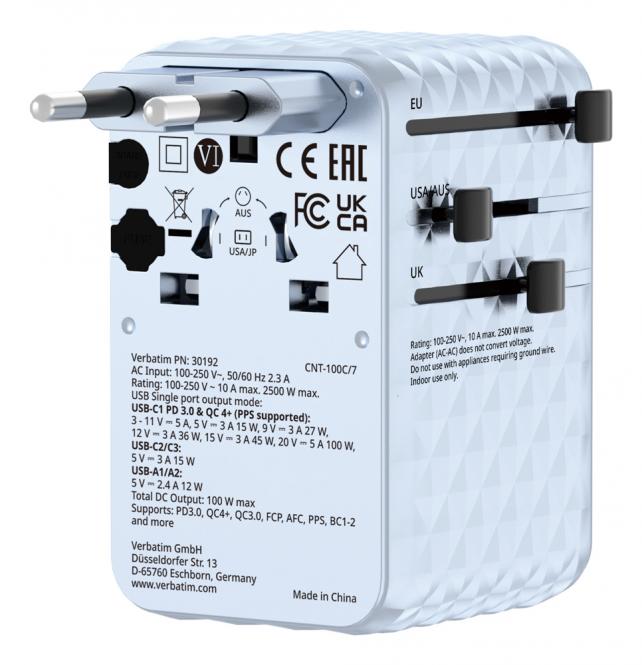 Adaptateur de voyage universel Charge n Travel 100W avec câble rétractable, bleu 