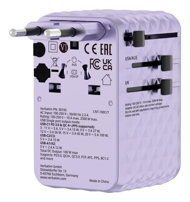 Adaptateur de voyage universel Charge n Travel 100W avec câble rétractable, violet 