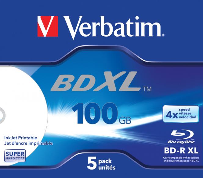 BD-R XL 100 Go* 4x, imprimables à jet d'encre, format large, lot de 5, boîtier Jewel Case 