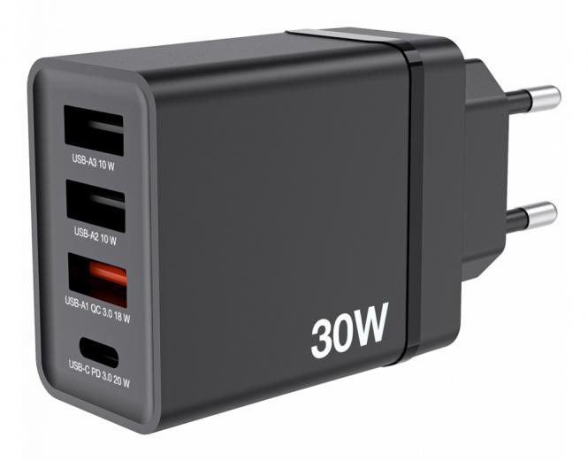 49700 Chargeur universel noir pour appareils mobiles, recharge rapide sur secteur, usage intérieur 