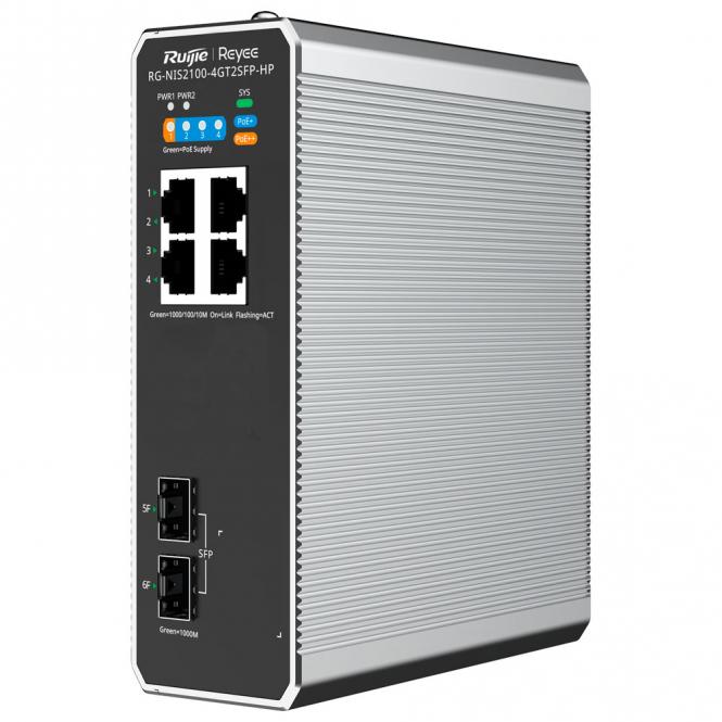 Commutateur PoE industriel Cloud Couche 2, 4 ports Gigabit RJ45 + 2 ports Gigabit SFP 